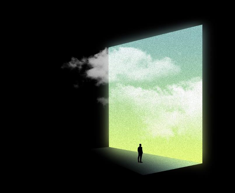 Uma pessoa diante de um portal de luz que se abre para o céu